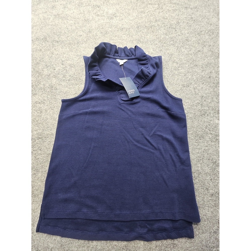 CROWN & IVY Womens Medium Harbor Navy Knit Ruffle Sleeveless
